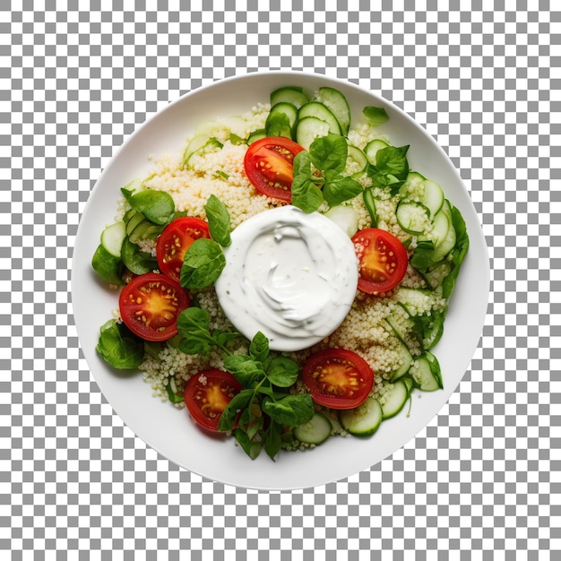 Tasty cooked couscous with vegetable salad in bowl isolated on transparent background