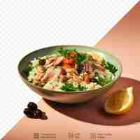 PSD tasty couscous with tuna fruits and veggies in a white bowl studio shot