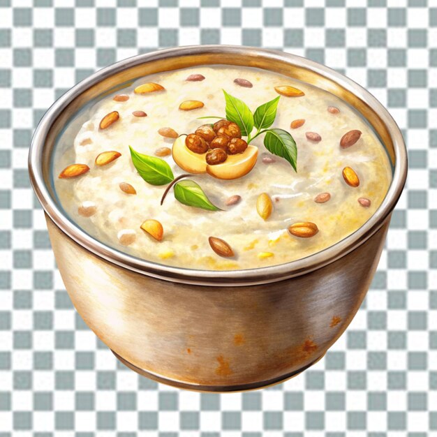 PSD tasty creamy kheer with different nuts and raisins on transparent background