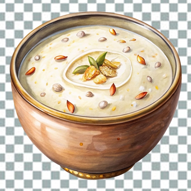 Tasty creamy kheer with different nuts and raisins on transparent background