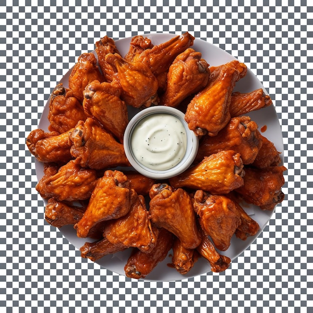 PSD tasty crispy fried chicken pieces with sauce isolated on transparent background