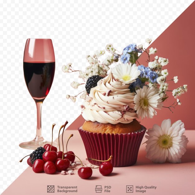 PSD tasty cupcake with wine on transparent background