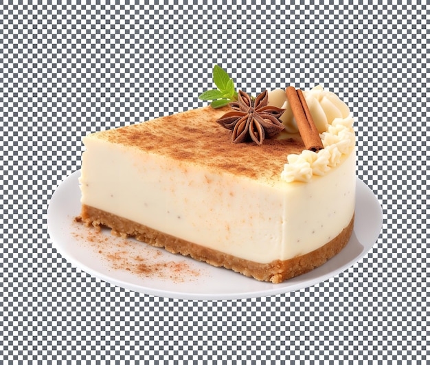 Tasty eggnog cheesecake isolated on a transparent background