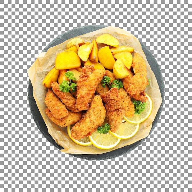 tasty fried chicken strips with lemon slices and parsley on transparent background