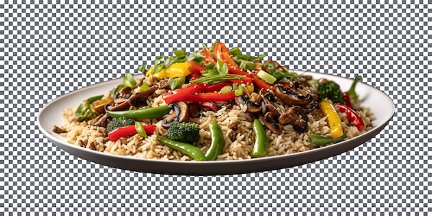 PSD tasty fried mushroom and vegetable rice plate isolated on transparent background