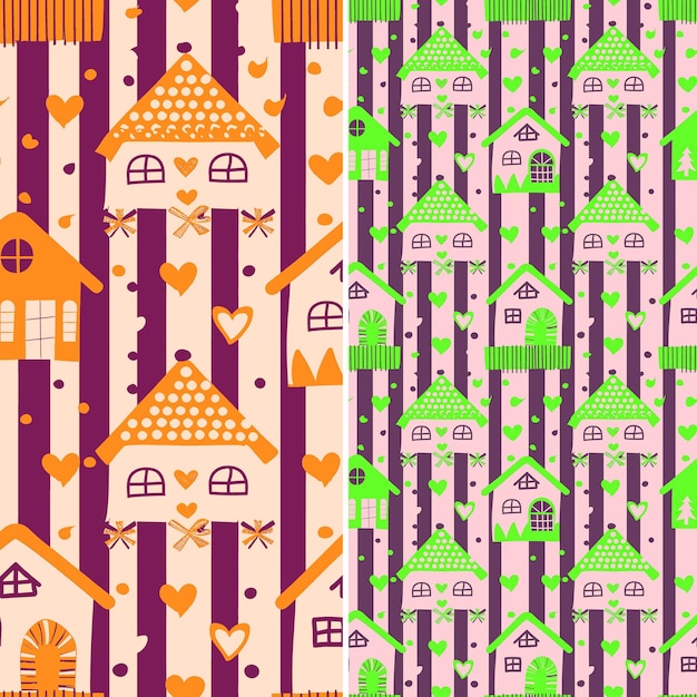 tasty gingerbread houses with heart silhouettes and typograp illustration vector pattern designs