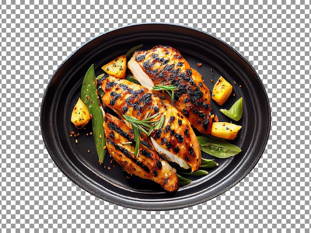 PSD tasty grilled chicken breast on a black plate isolated with transparent background