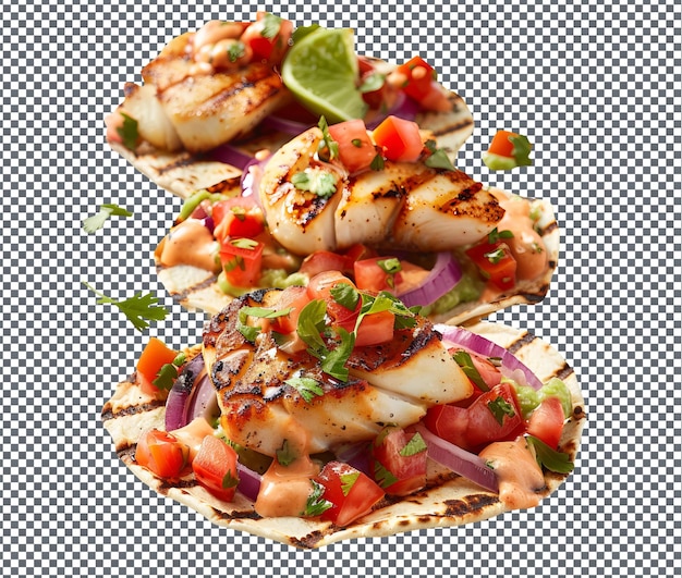 PSD tasty grilled tilapia tostada bites con chipotle mayo isolato su uno sfondo trasparente