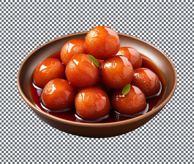 Tasty gulab jamun glazed with syrup isolated on a transparent background