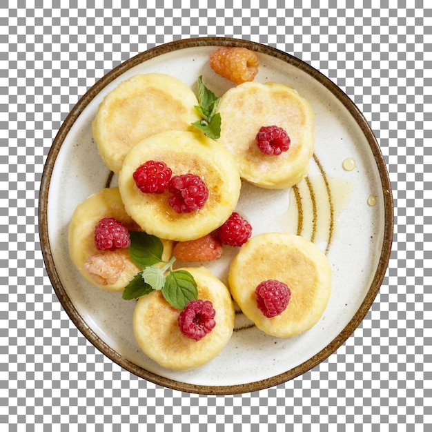 tasty hommade mini pancakes with raspberries on transparent background