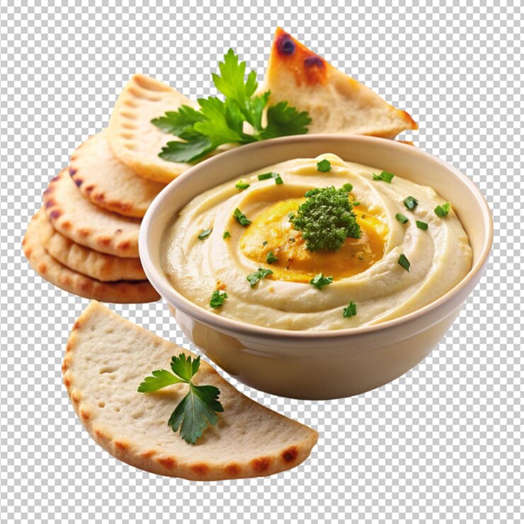 PSD tasty hummus and pita bread isolated on transparent background