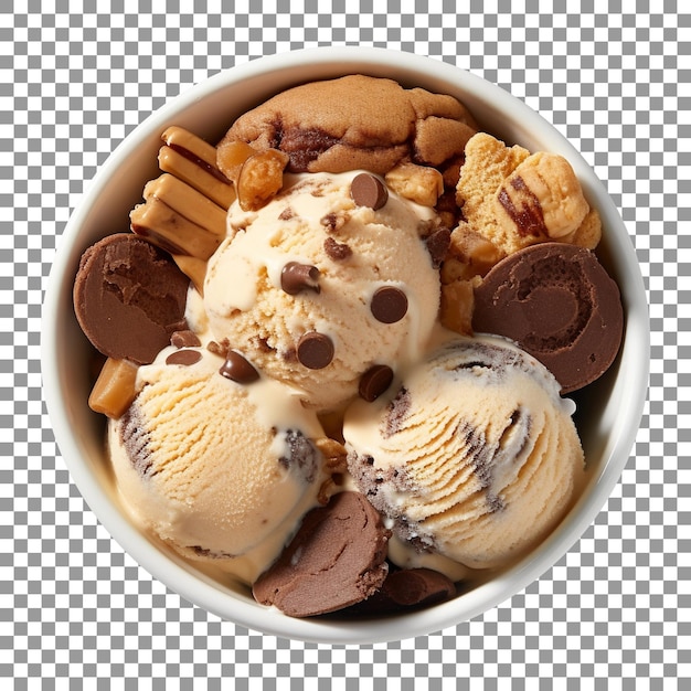 PSD Чаша вкусного мороженого с печеньем и пирожными, изолированными на прозрачном фоне