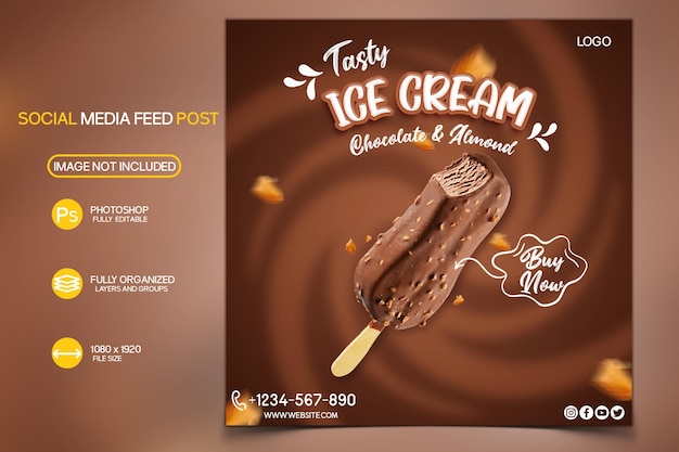 Gustoso gelato al gusto di cioccolato con il design del post sui social media alla mandorla