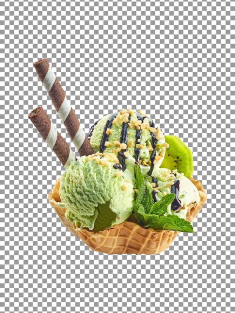 Tasty ice cream scoops with a chocolate straw in a wafer basket on transparent background