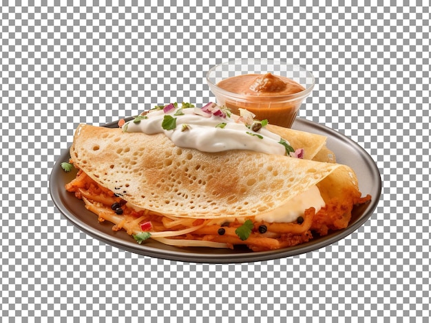 PSD tasty indian dish dosa with sauce on plate isolated with transparent background