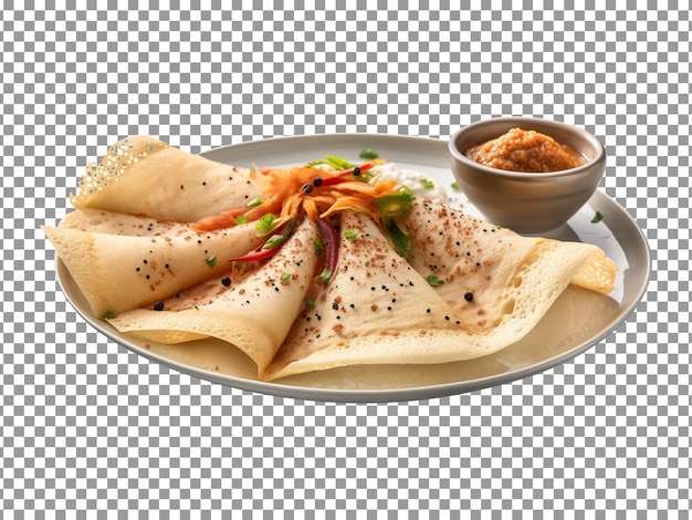 PSD tasty indian dosa dish with sauce isolated on transparent background