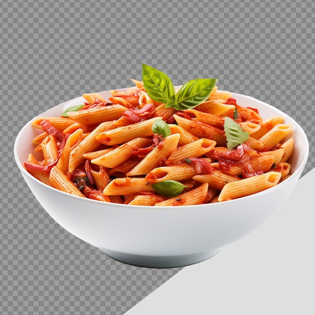 맛있는 이탈리아 페네 알라라비아타 (penne Allarrabbiata) 는 투명한 배경에 고립되어 있습니다.