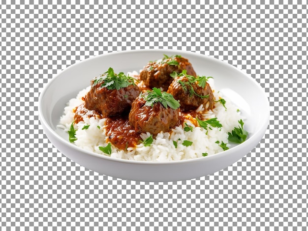 PSD tasty meatballs with cooked white rice isolated on transparent background