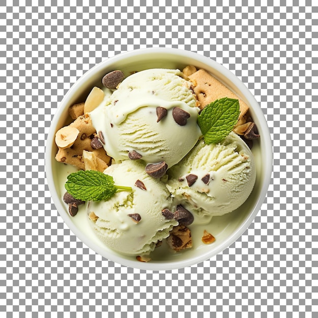 PSD tasty mint and chocolate chip ice cream bowl isolated on transparent background