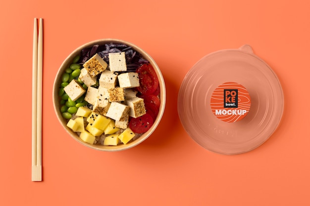 Tasty poke bowl mockup above view