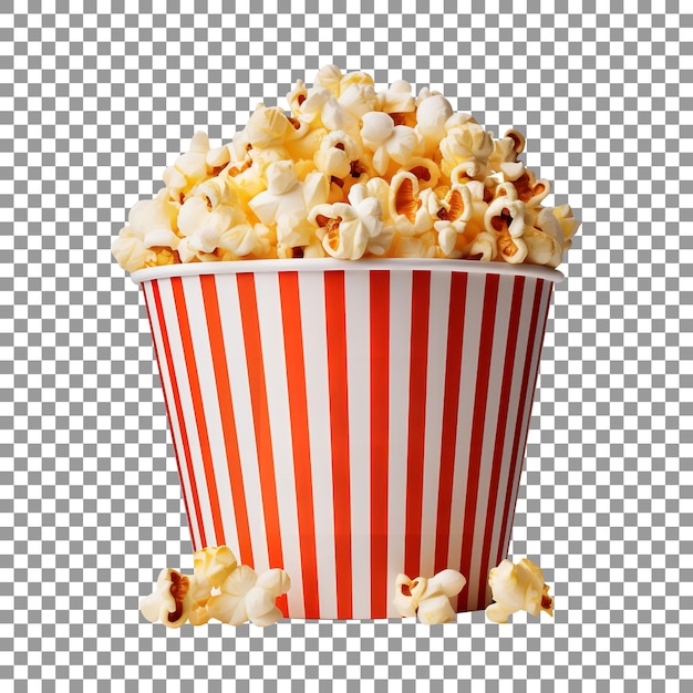 PSD tasty popcorns in a white and red strips cup isolated on transparent background