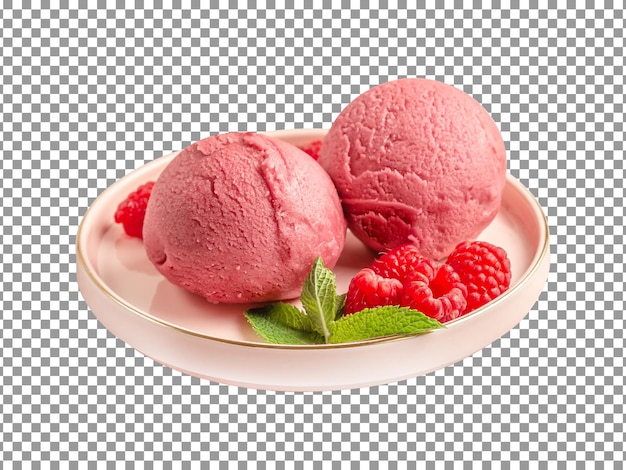 Tasty raspberry ice cream with raspberries on transparent background