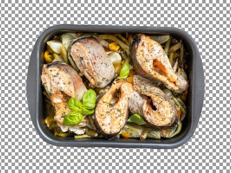 PSD вкусные морепродукты на черном подносе с прозрачным фоном