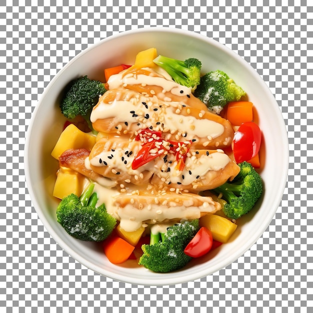 PSD tasty sesame seeds chicken with vegetables on transparent background