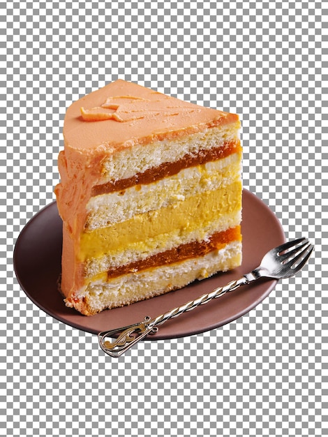 透明な背景にマンゴーとパッション フルーツのケーキのおいしいスライス
