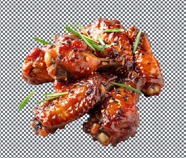 맛있는 매운 으로 겨진  날개가 투명한 배경에 고립되어 있습니다.