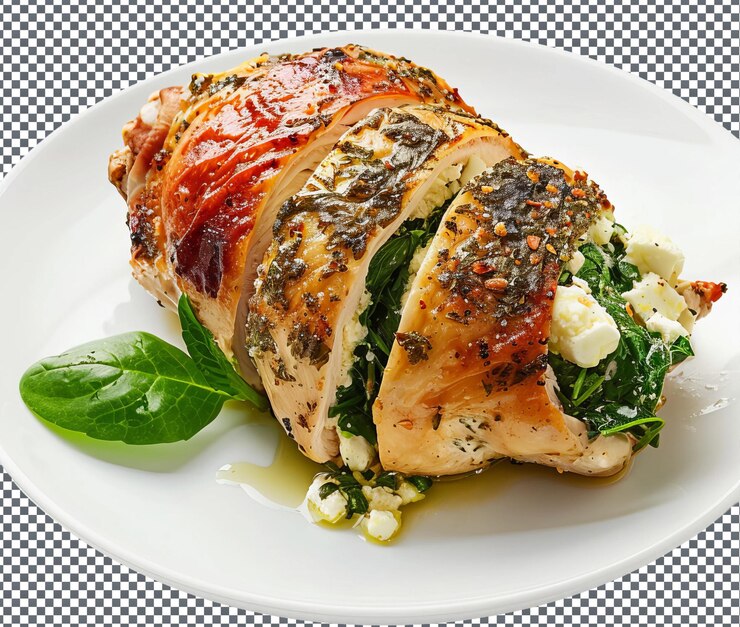 PSD tasty spinach and feta stuffed chicken isolated on transparent background