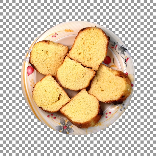 Tasty sponge cake pieces on plate with transparent background