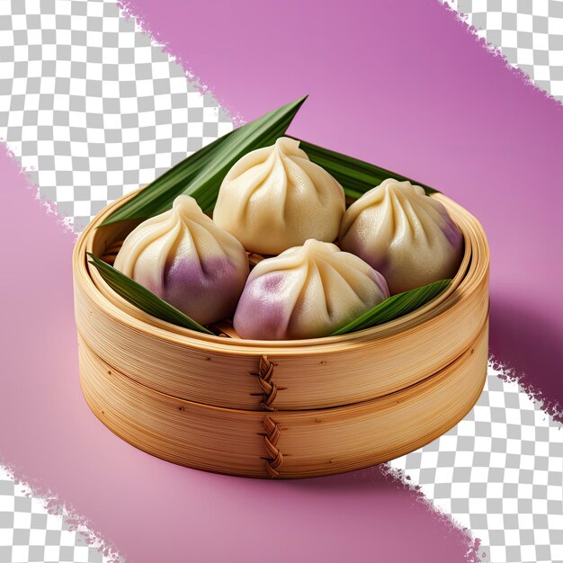 PSD tasty steamed buns in bamboo container with green beans chicken and purple sweet potatoes