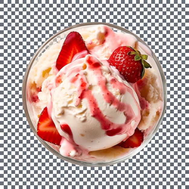 투명 한 배경에 고립 된 유리 그릇 상위 뷰에서 맛있는 딸기 아이스크림