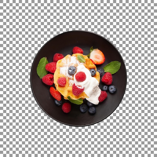 tasty waffles with berries on black plate with transparent background