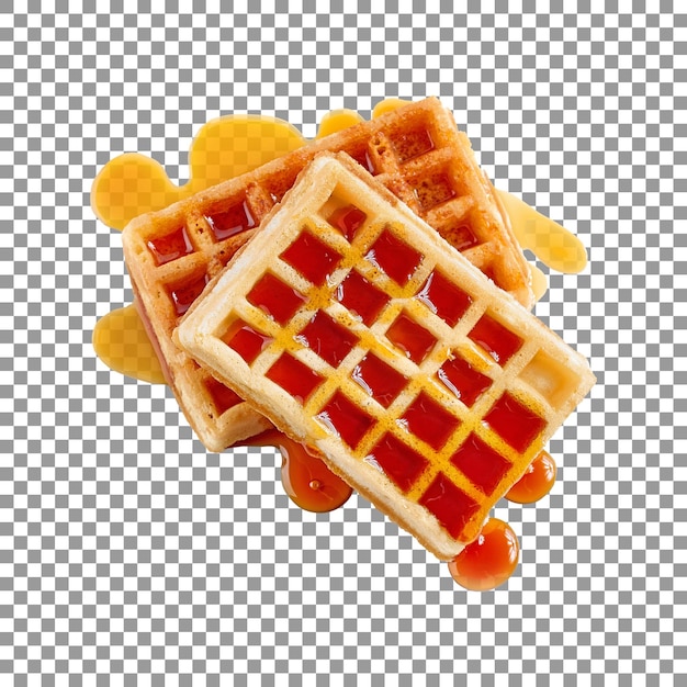 Tasty waffles with caramel sauce isolated on transparent background