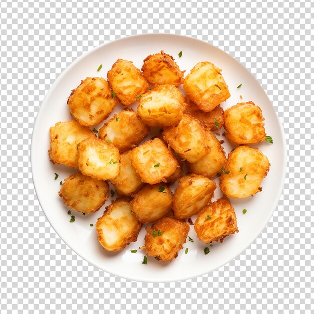 PSD tater tots on white plate top view isolated on transparent background