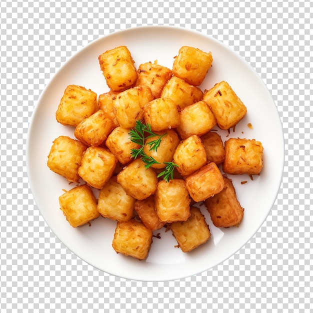 PSD tater tots on white plate top view isolated on transparent background