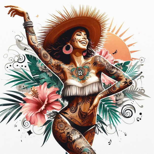 Tattooed beauty queen woman girl teenager dancing chilling shaking good vibrations vector art