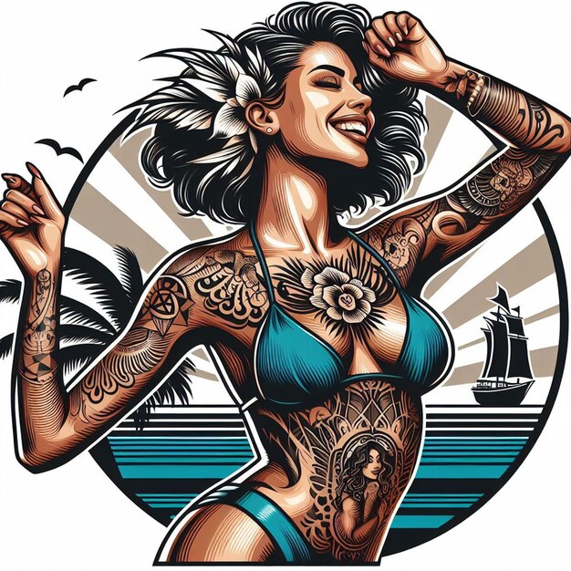 Tattooed beauty queen woman girl teenager dancing chilling shaking good vibrations vector art