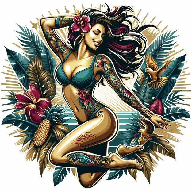 PSD tattooed beauty queen woman girl teenager dancing chilling shaking good vibrations vector art