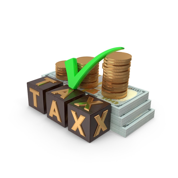 PSD tax concept with coins bills and green check mark