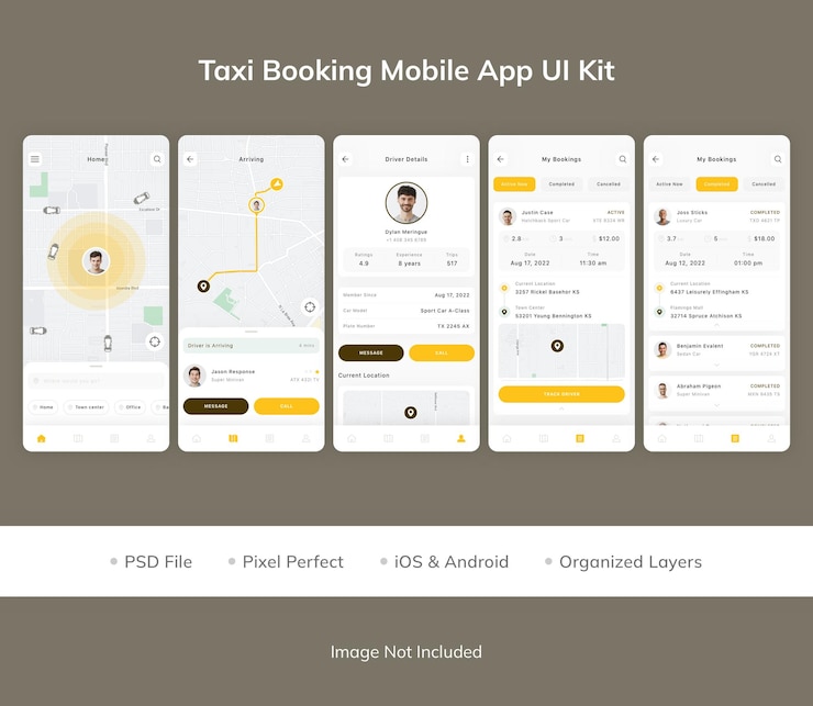 PSD taxi booking mobile app ui kit