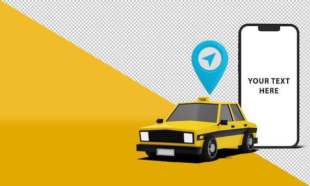 PSD taxi online service on mobile application 3d rendering image of yellow cab with smartphone