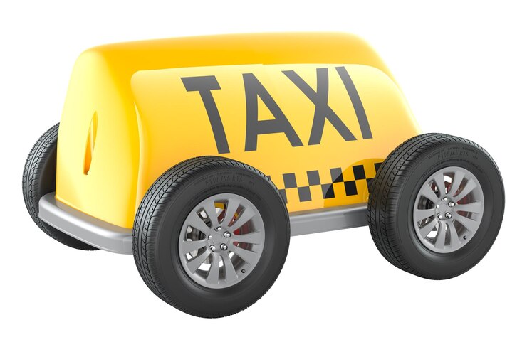 PSD taxi service concept taxi auto bord met wielen 3d rendering geïsoleerd op transparante achtergrond