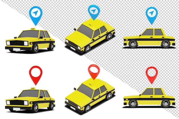 PSD taxi with map pin icon in cute cartoon style