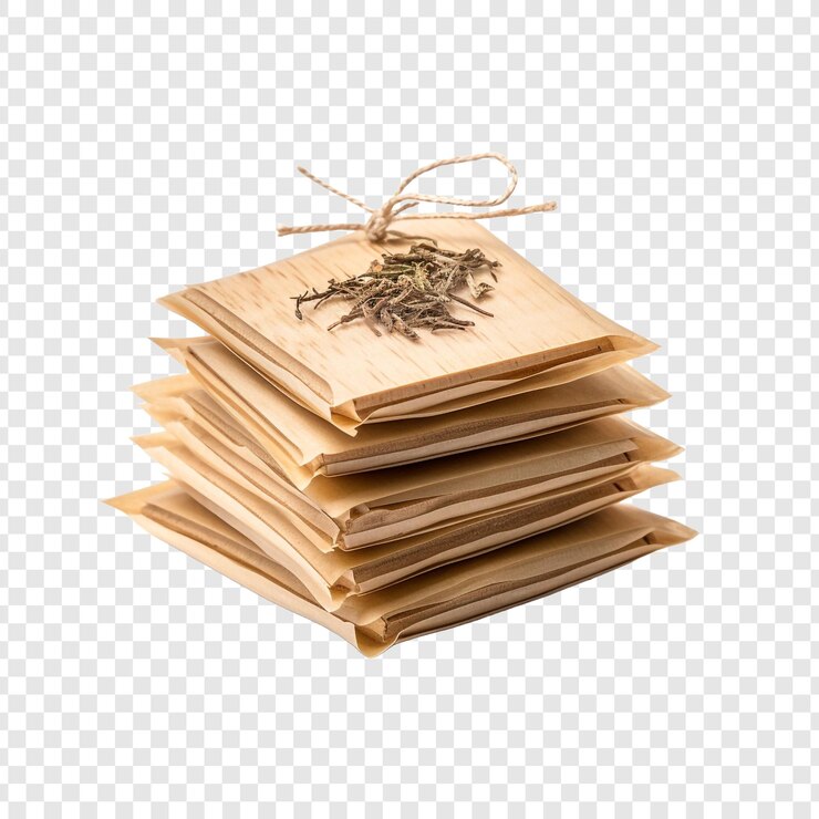 PSD tea bags on a stunning wood tabletop isolated on transparent background
