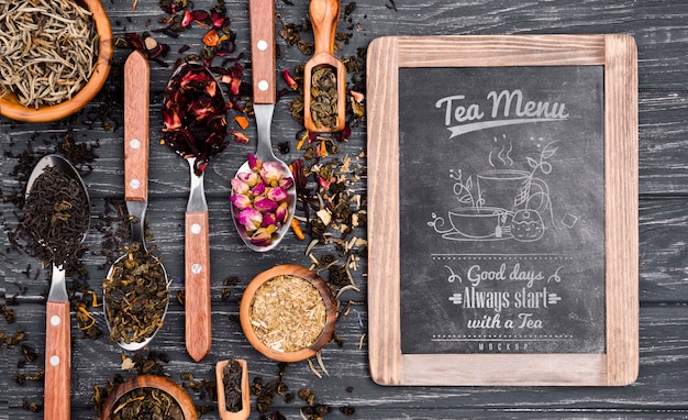 Tea concept on wooden table mock-up