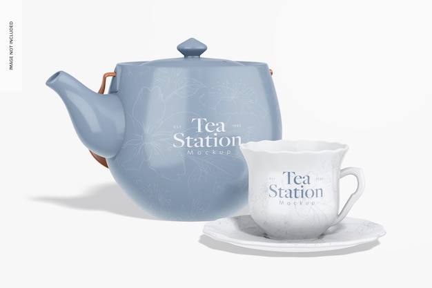 PSD tea cup and plate mockup perspective