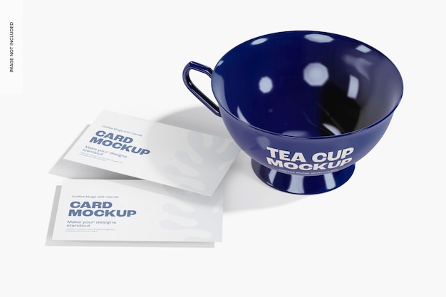 PSD tea cup with cards mockup, left view